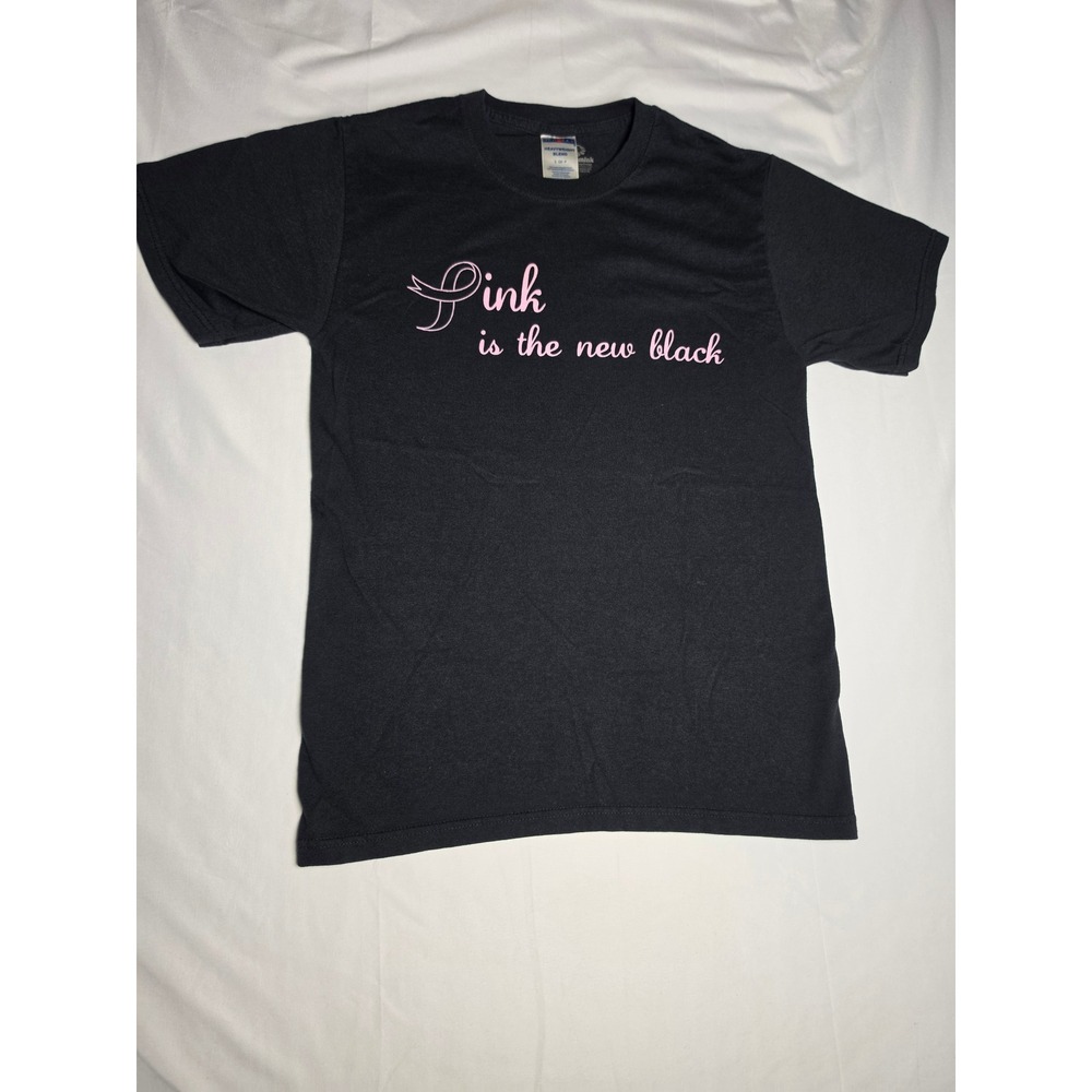 Vintage Jerzees Breast Cancer Awareness Pink Is The New Black Graphic T-Shirt S